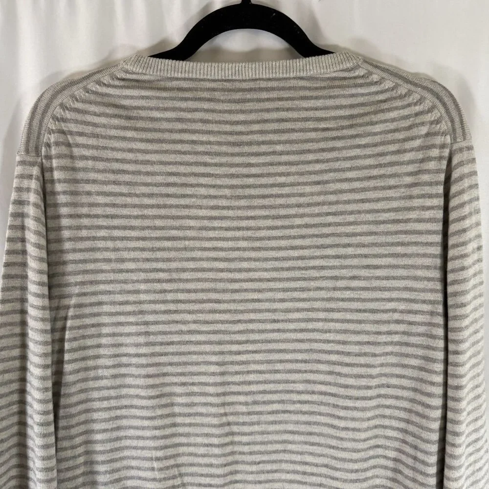 J Crew Harbor Cotton Sweater Men's Large Slim Fit Grey White Striped Crewneck